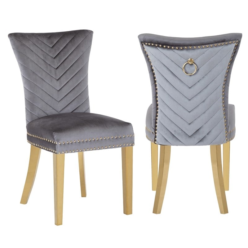 Eva 2 Piece Gold Legs Dining Chairs Finished with Velvet Fabric in Gray