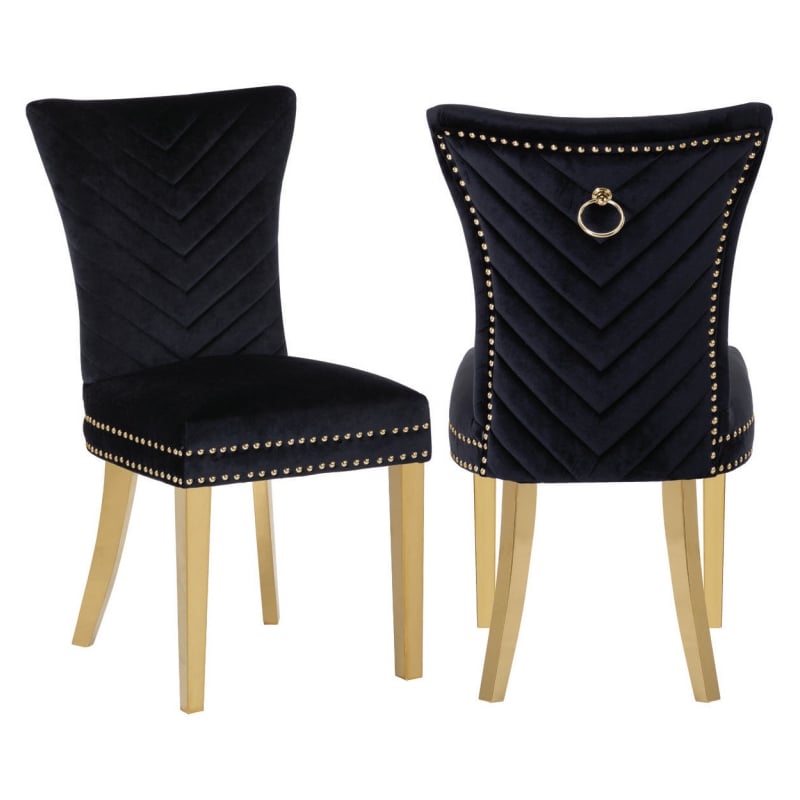 Eva 2 Piece Gold Legs Dining Chairs Finished with Velvet Fabric in Black