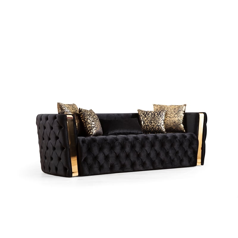 Naomi Button Tufted Sofa Finished with Velvet Fabric and Gold Accent in Black