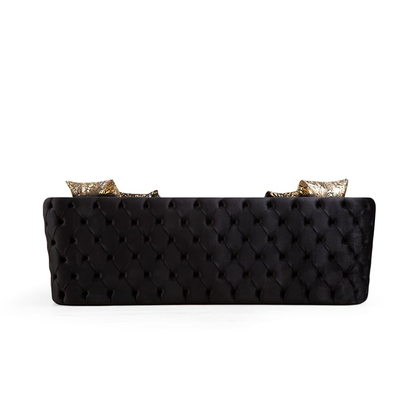 Naomi Button Tufted Sofa Finished with Velvet Fabric and Gold Accent in Black