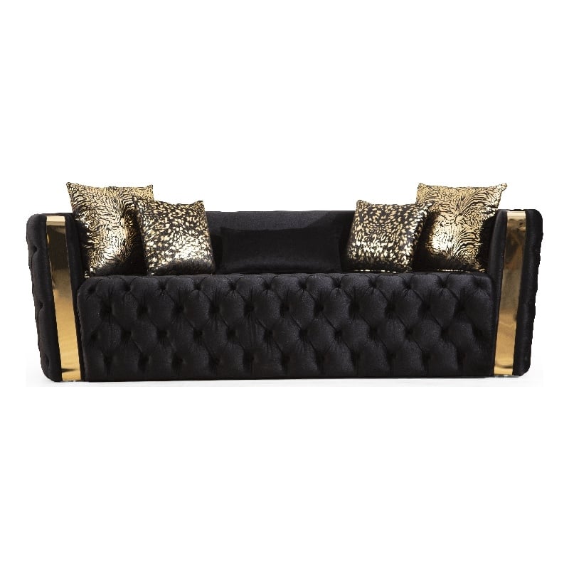 Naomi Button Tufted Sofa Finished with Velvet Fabric and Gold Accent in Black