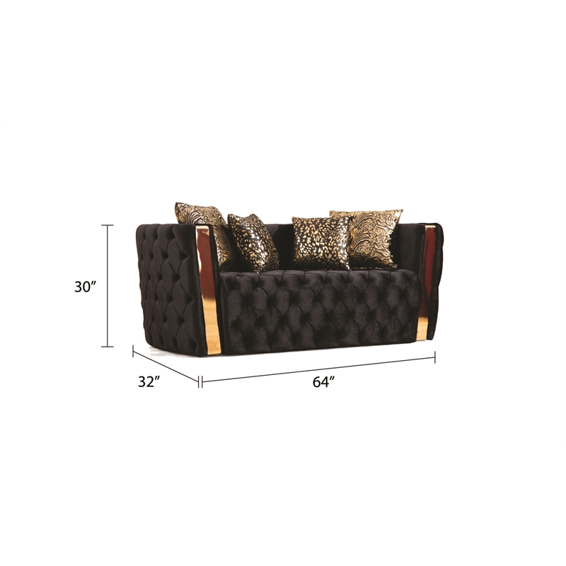 Naomi Button Tufted Loveseat with Velvet Fabric and Gold Accent in Black