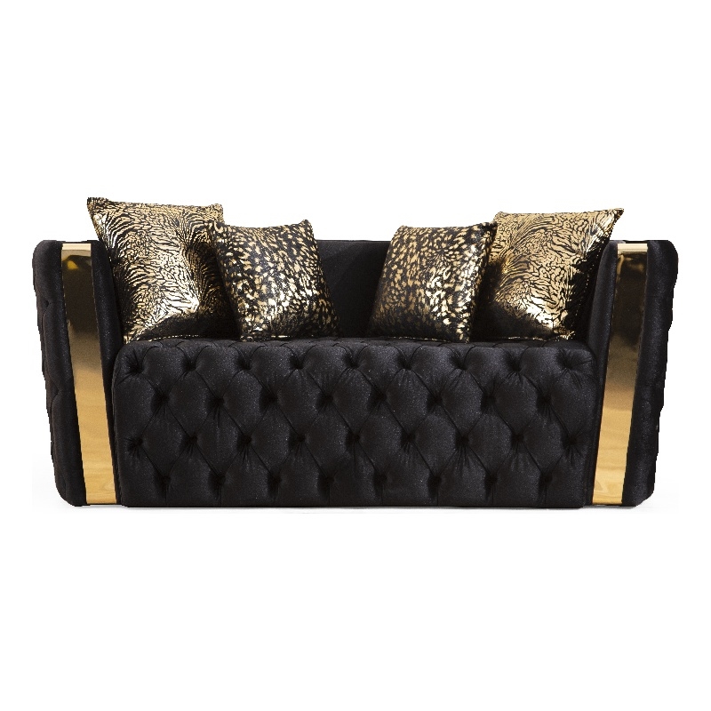Naomi Button Tufted Loveseat with Velvet Fabric and Gold Accent in Black