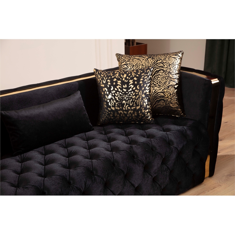 Naomi Button Tufted 2 Pc Sofa Set with Velvet Fabric and Gold Accent in Black