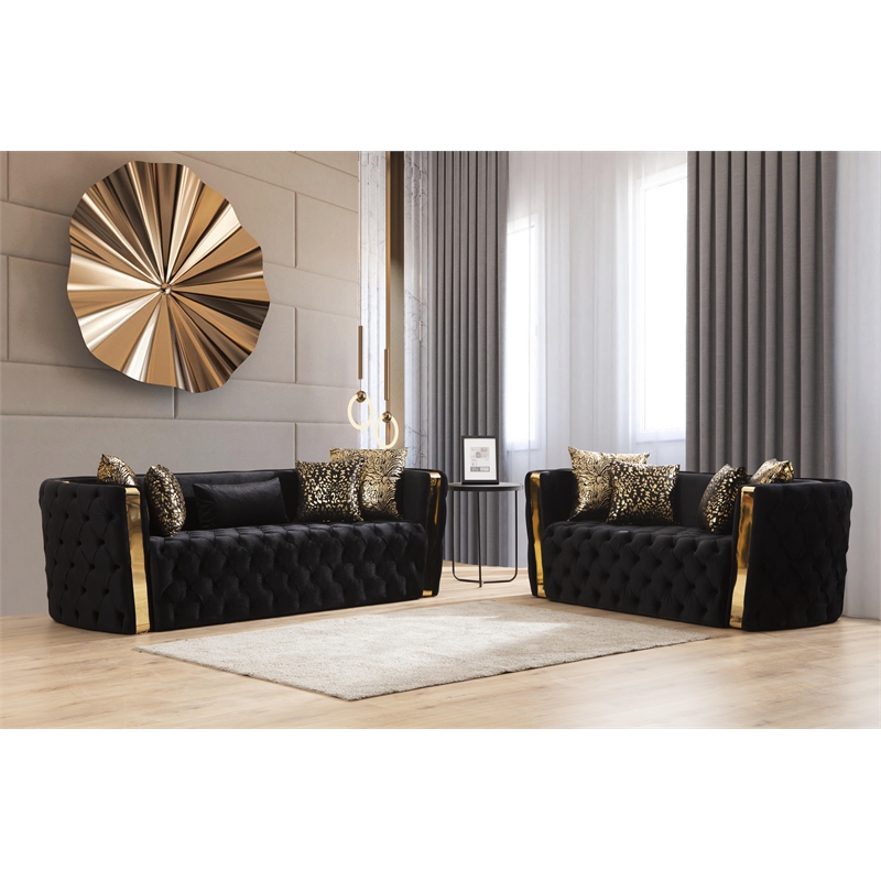 Naomi Button Tufted 2 Pc Sofa Set with Velvet Fabric and Gold Accent in Black