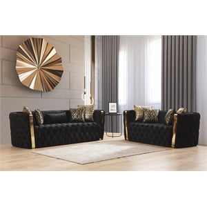 Naomi Button Tufted 2 Pc Sofa Set with Velvet Fabric and Gold Accent in Black
