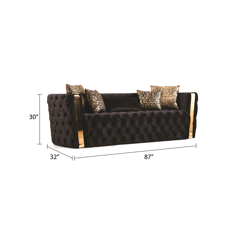Naomi Button Tufted 2 Pc Sofa Set with Velvet Fabric and Gold Accent in Black