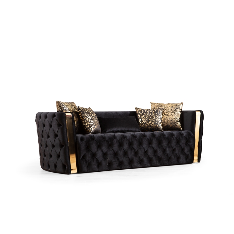 Naomi Button Tufted 2 Pc Sofa Set with Velvet Fabric and Gold Accent in Black