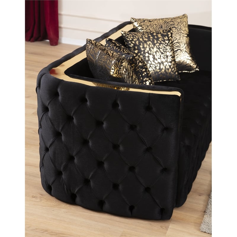 Naomi Button Tufted 3 Pc Sofa Set with Velvet Fabric and Gold Accent in Black