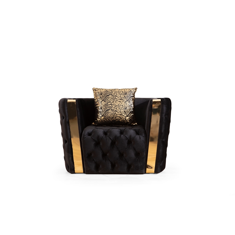 Naomi Button Tufted 3 Pc Sofa Set with Velvet Fabric and Gold Accent in Black