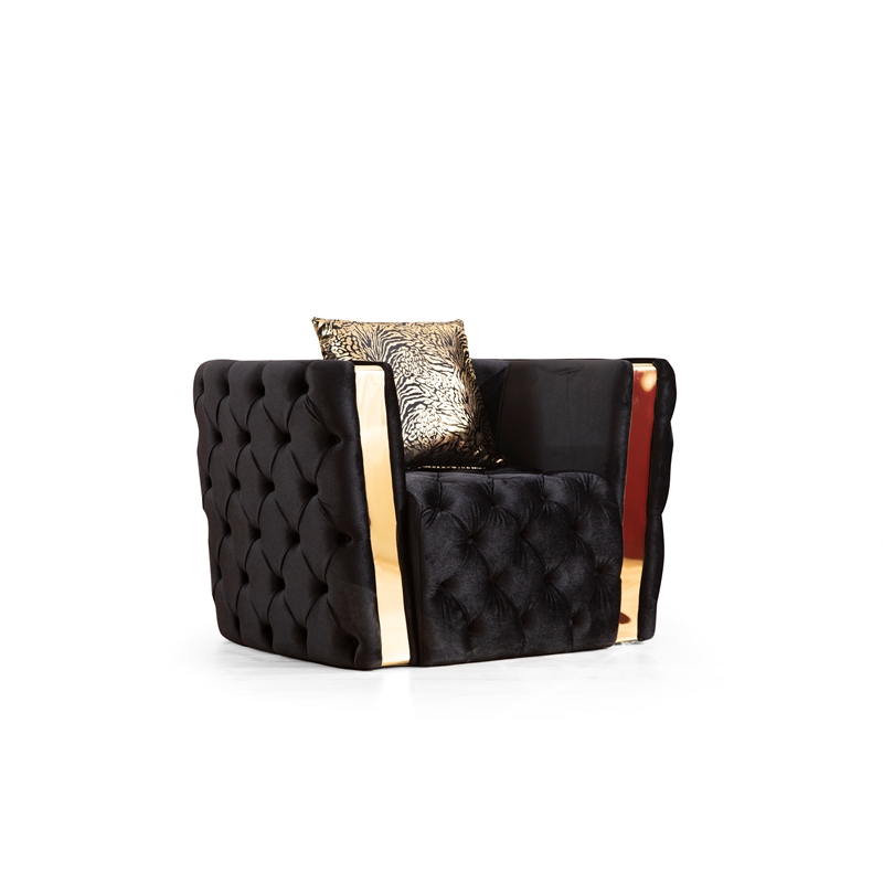 Naomi Button Tufted 3 Pc Sofa Set with Velvet Fabric and Gold Accent in Black