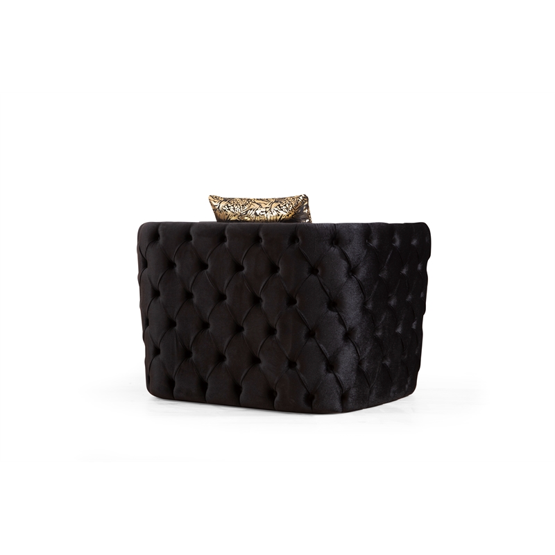 Naomi Button Tufted 3 Pc Sofa Set with Velvet Fabric and Gold Accent in Black