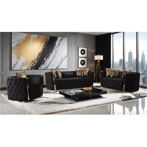 Naomi Button Tufted 3 Pc Sofa Set with Velvet Fabric and Gold Accent in Black