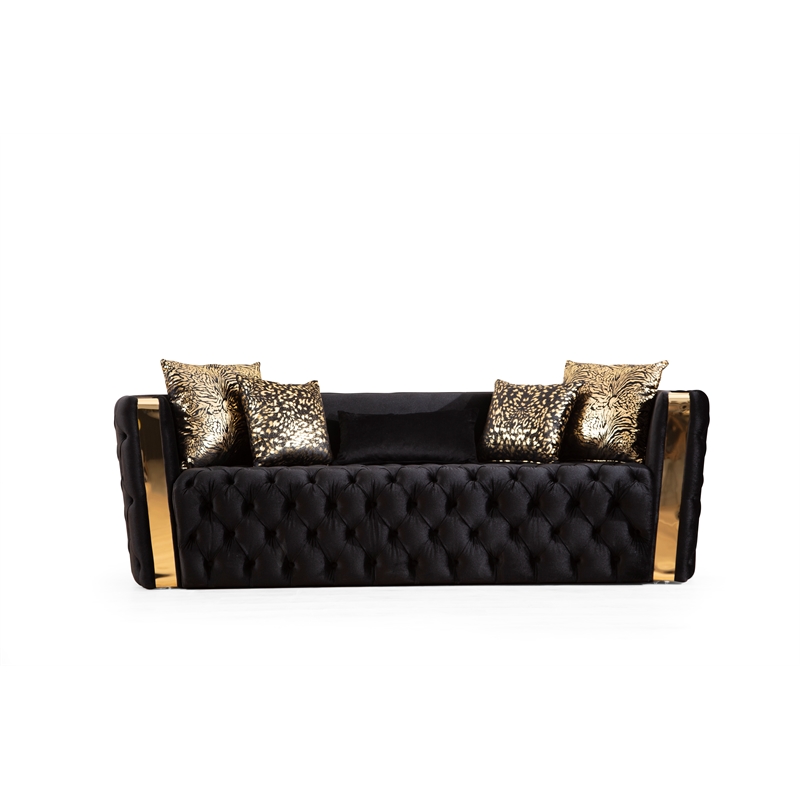 Naomi Button Tufted 3 Pc Sofa Set with Velvet Fabric and Gold Accent in Black