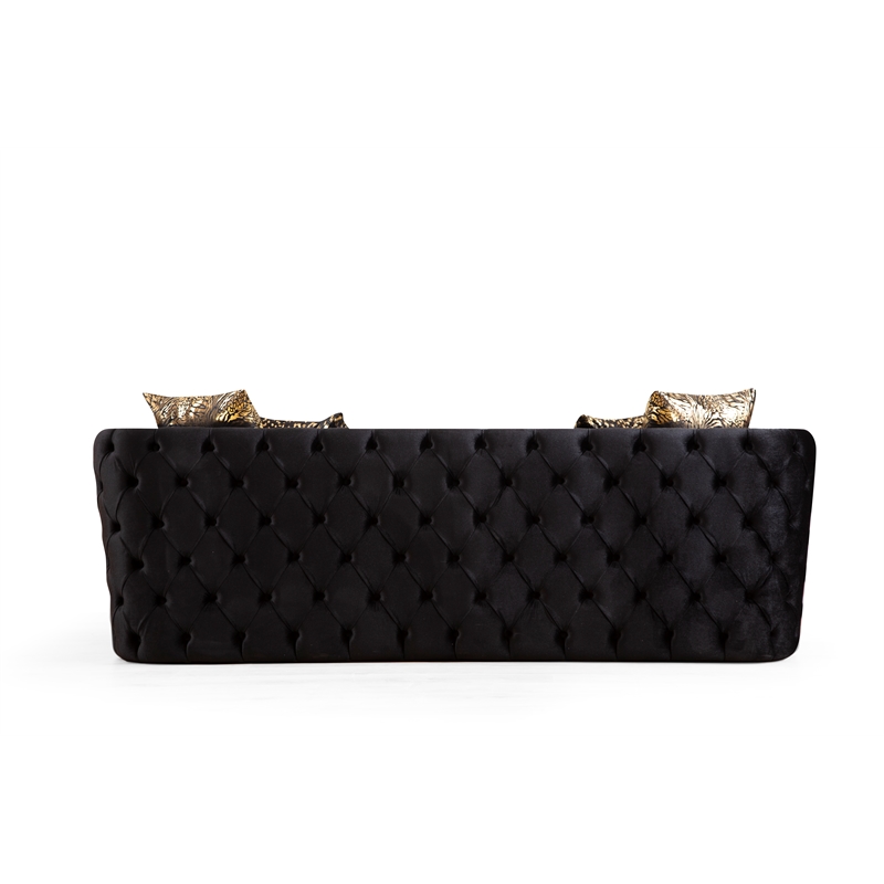 Naomi Button Tufted 3 Pc Sofa Set with Velvet Fabric and Gold Accent in Black