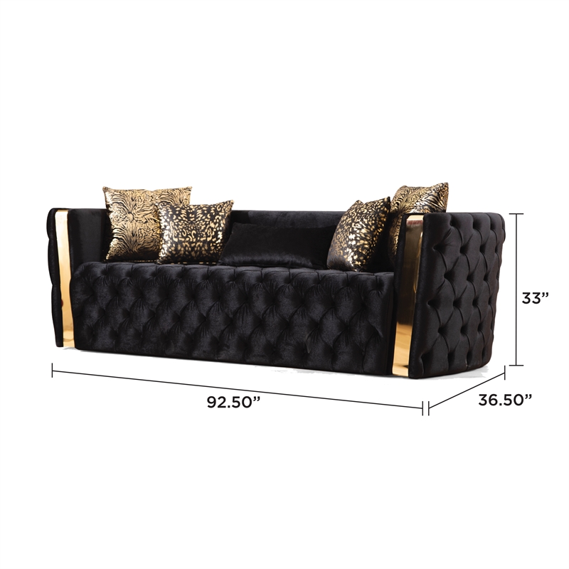 Naomi Button Tufted 3 Pc Sofa Set with Velvet Fabric and Gold Accent in Black