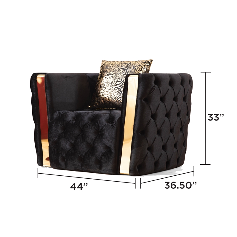 Naomi Button Tufted 3 Pc Sofa Set with Velvet Fabric and Gold Accent in Black