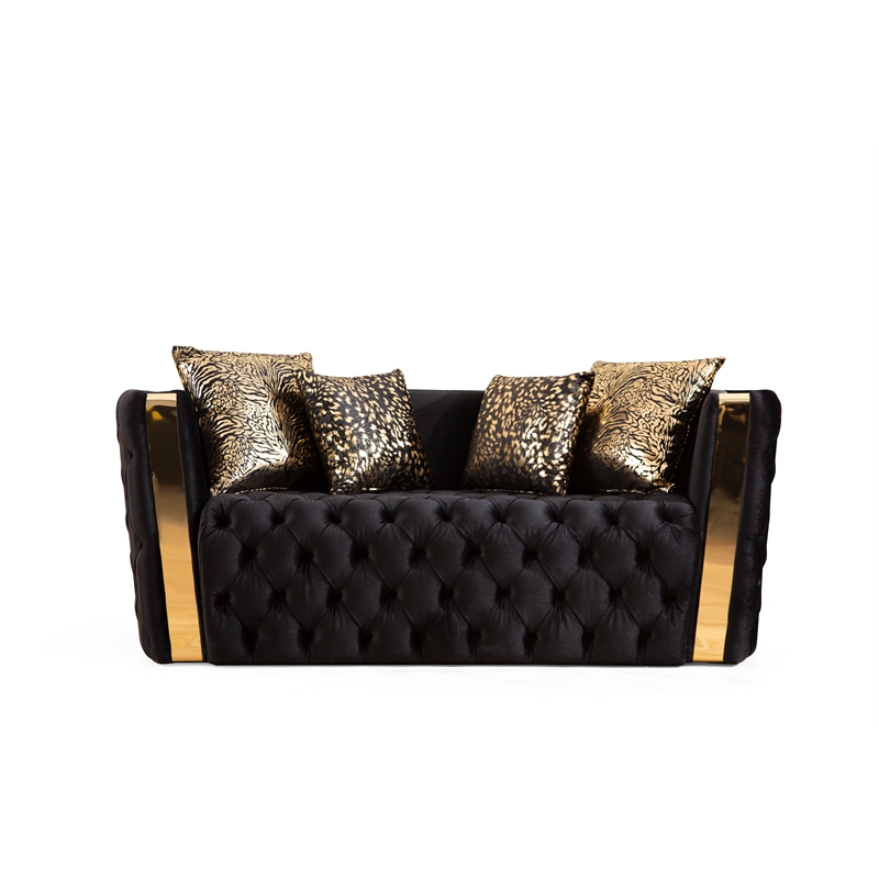 Naomi Button Tufted 3 Pc Sofa Set with Velvet Fabric and Gold Accent in Black