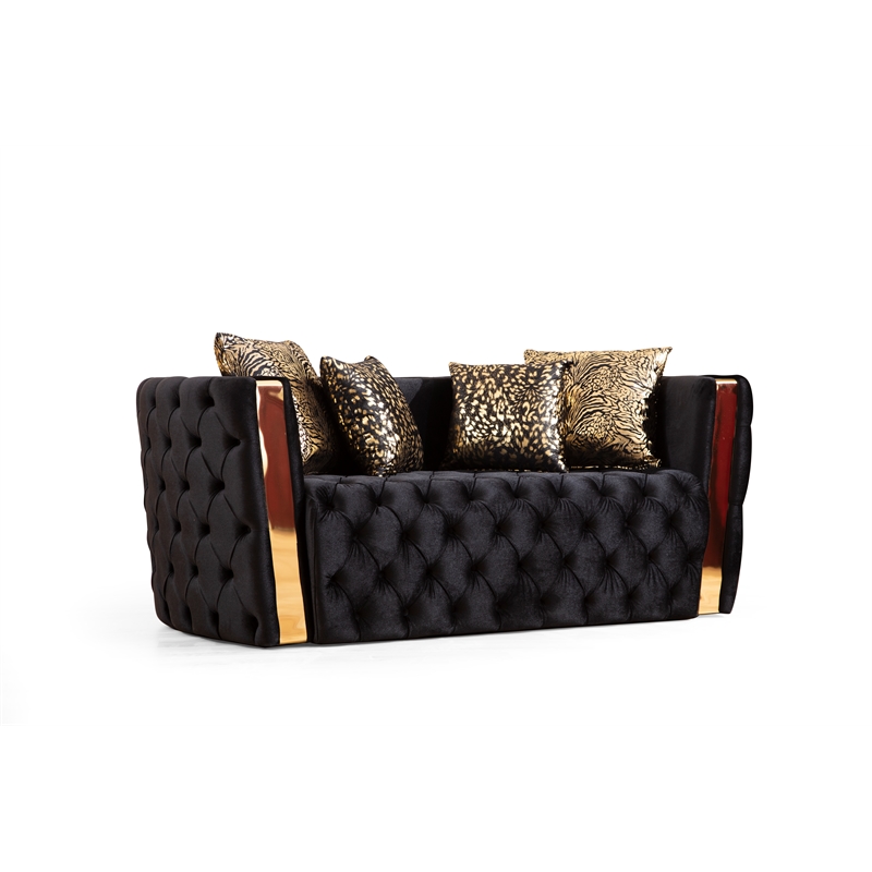 Naomi Button Tufted 3 Pc Sofa Set with Velvet Fabric and Gold Accent in Black