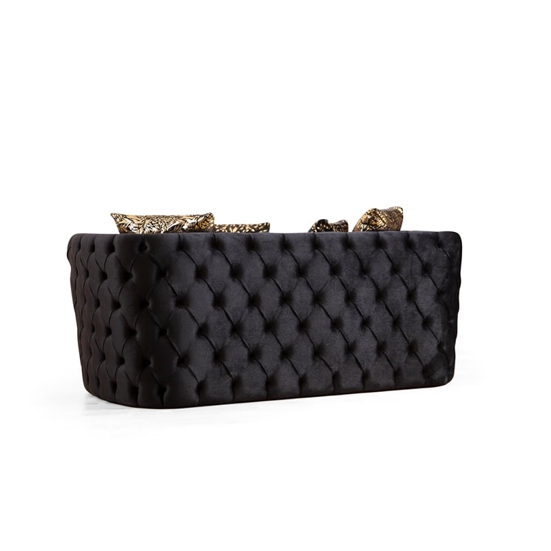 Naomi Button Tufted 3 Pc Sofa Set with Velvet Fabric and Gold Accent in Black