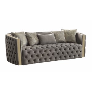 Naomi Button Tufted Sofa with Velvet Fabric and Gold Accent in Taupe