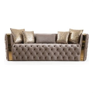 Naomi Button Tufted Sofa with Velvet Fabric and Gold Accent in Taupe