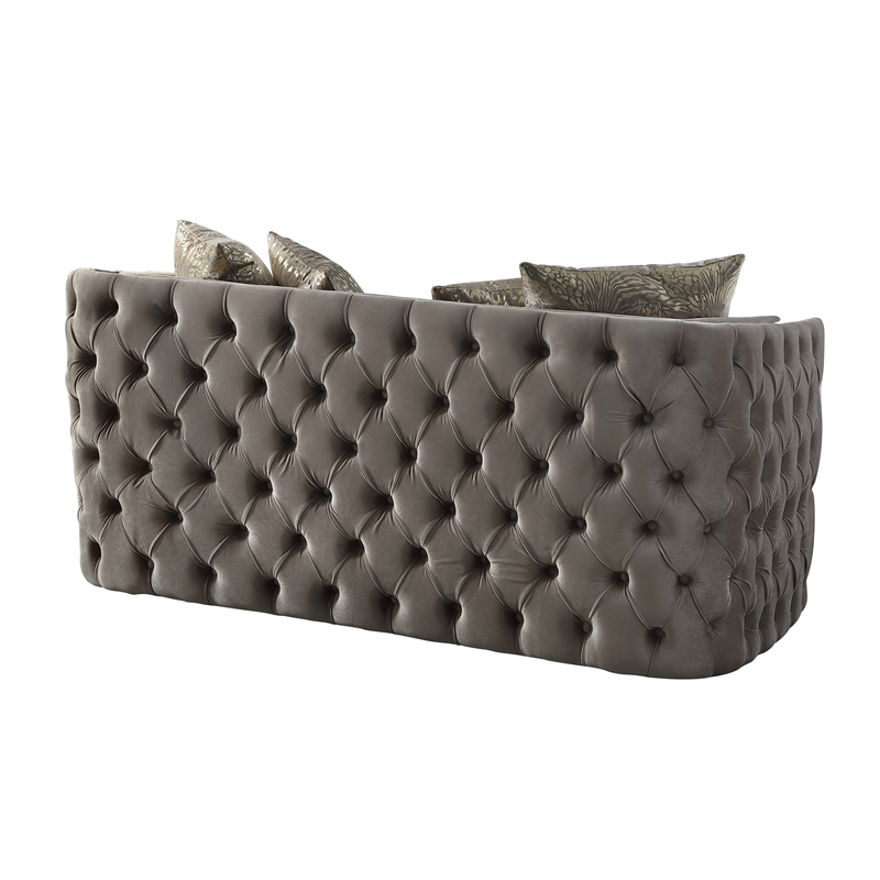 Naomi Button Tufted Loveseat with Velvet Fabric and Gold Accent in Taupe