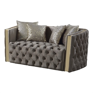 Naomi Button Tufted Loveseat with Velvet Fabric and Gold Accent in Taupe