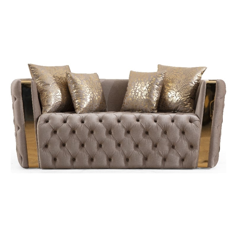 Naomi Button Tufted Loveseat with Velvet Fabric and Gold Accent in Off White