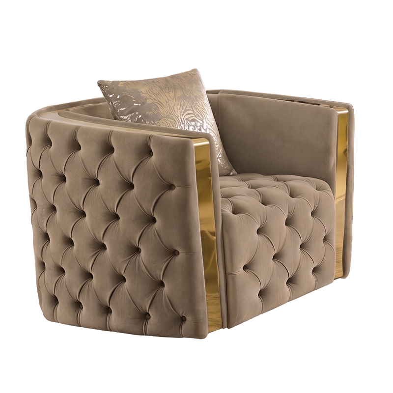 Naomi Button Tufted Chair with Velvet Fabric and Gold Accent in Taupe