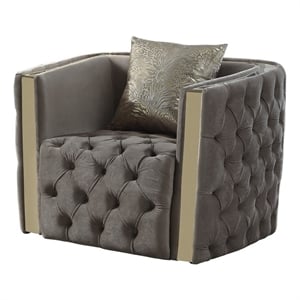 Naomi Button Tufted Chair with Velvet Fabric and Gold Accent in Taupe