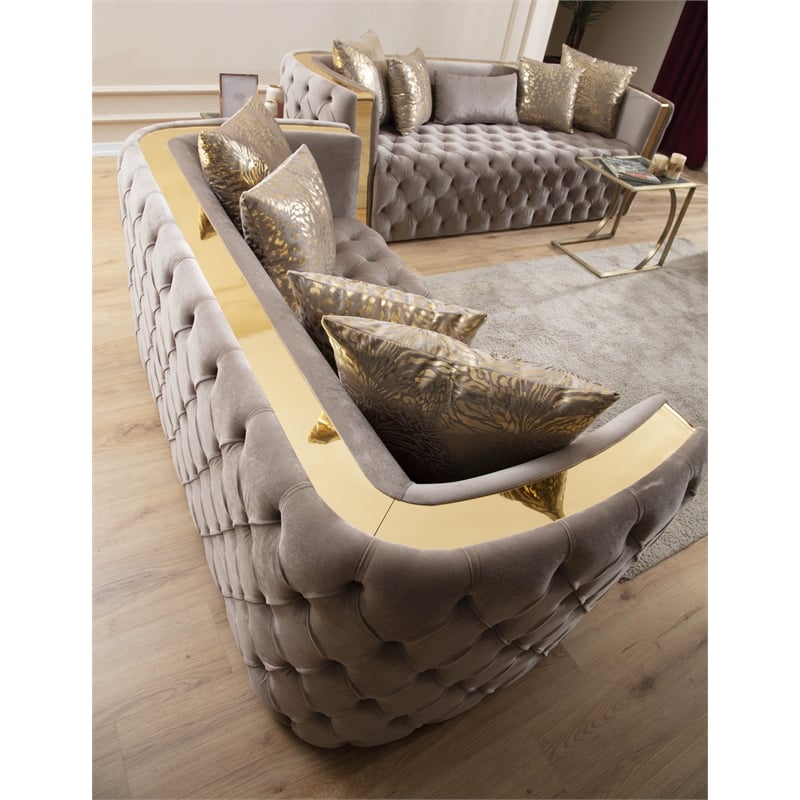 Naomi Button Tufted 2 Pc Set with Velvet Fabric and Gold Accent in Taupe