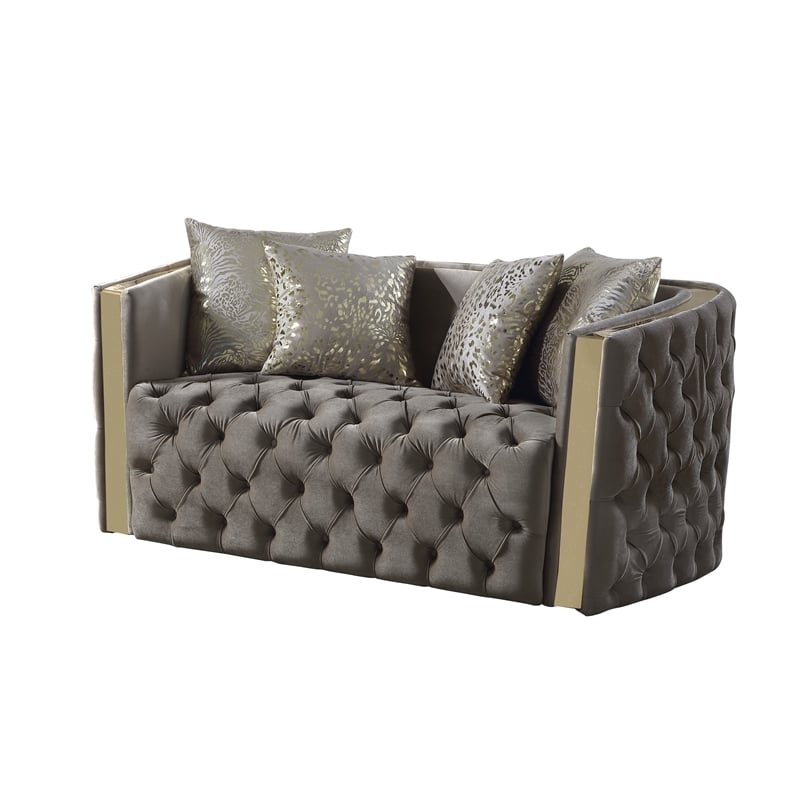 Naomi Button Tufted 2 Pc Set with Velvet Fabric and Gold Accent in Taupe