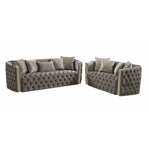 Naomi Button Tufted 2 Pc Set with Velvet Fabric and Gold Accent in Taupe