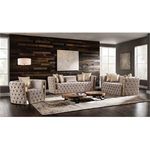 Naomi Button Tufted 3 Pc Set with Velvet Fabric and Gold Accent in Off White