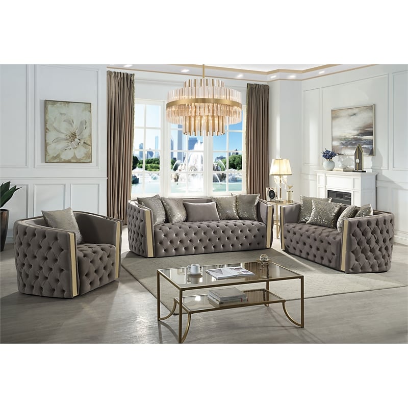 Naomi Button Tufted 3 Pc Set with Velvet Fabric and Gold Accent in Taupe