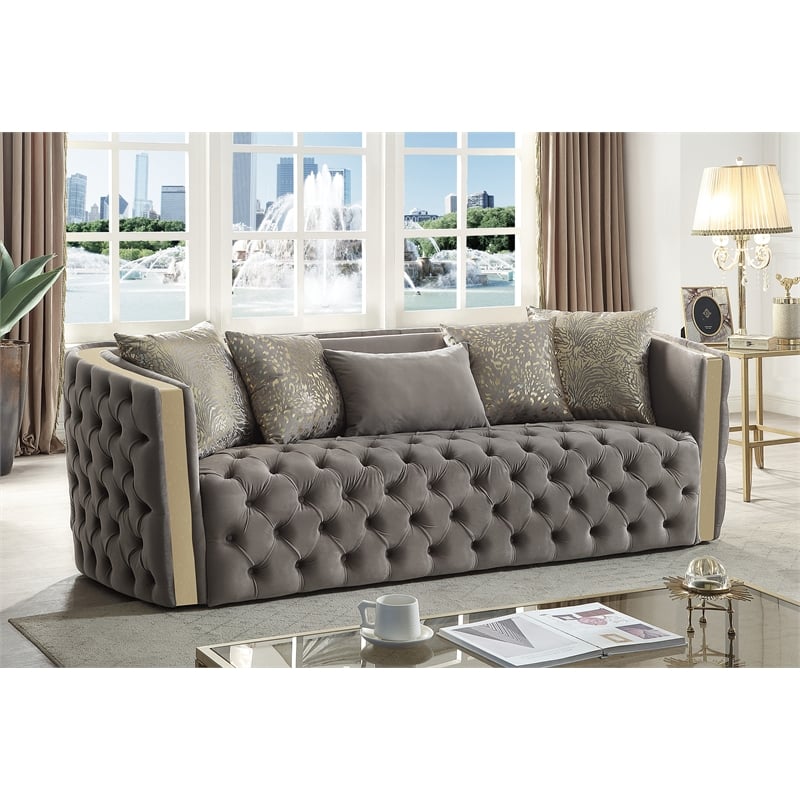 Naomi Button Tufted 3 Pc Set with Velvet Fabric and Gold Accent in Taupe