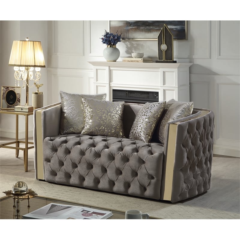 Naomi Button Tufted 3 Pc Set with Velvet Fabric and Gold Accent in Taupe