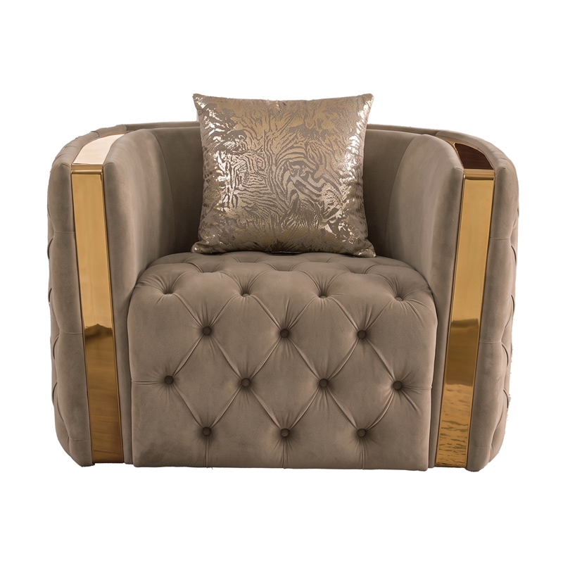 Naomi Button Tufted 3 Pc Set with Velvet Fabric and Gold Accent in Taupe