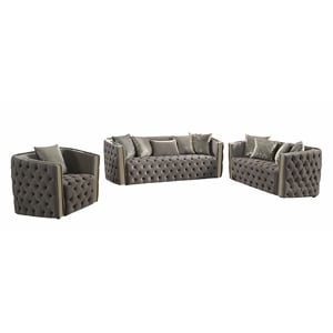Naomi Button Tufted 3 Pc Set with Velvet Fabric and Gold Accent in Taupe