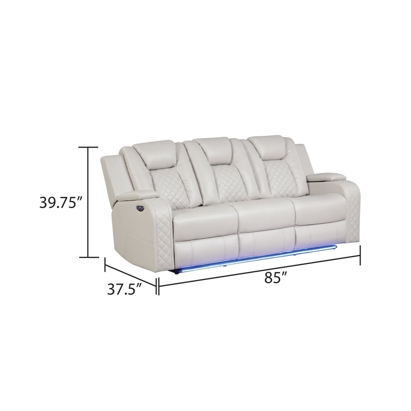 Benz LED & Power Reclining Sofa Made With Faux Leather in Ice/ White