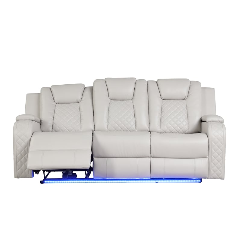 Benz LED & Power Reclining Sofa Made With Faux Leather in Ice/ White