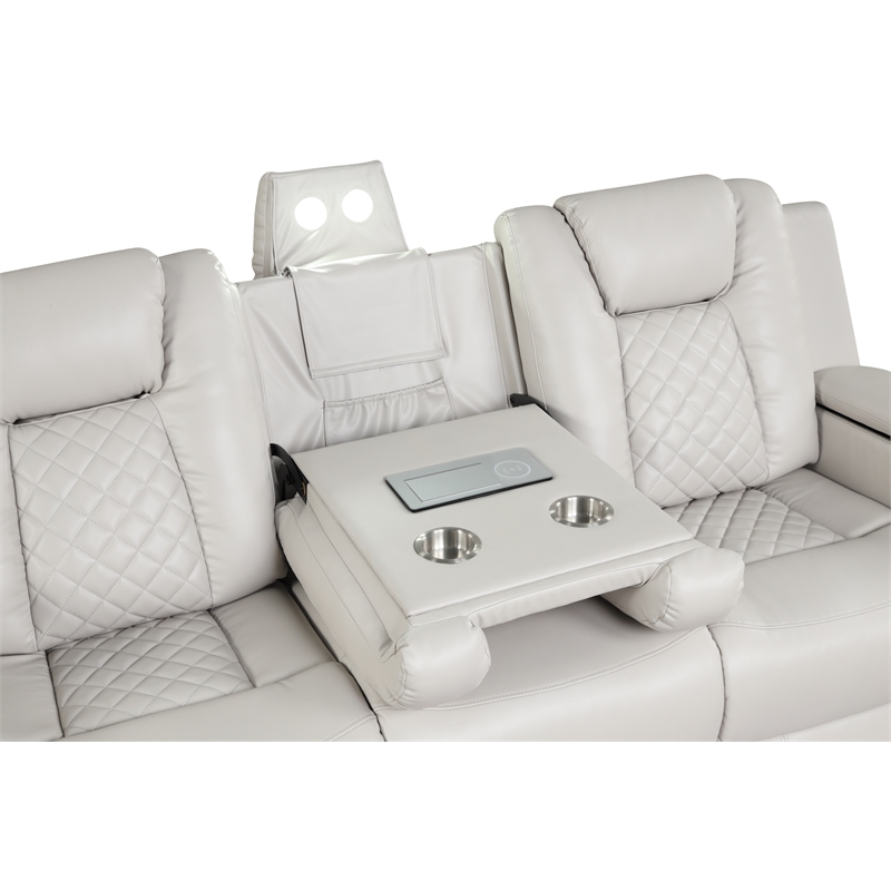 Benz LED & Power Reclining Sofa Made With Faux Leather in Ice/ White