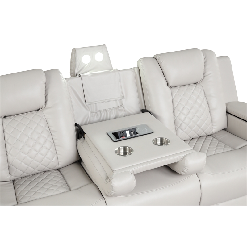 Benz LED & Power Reclining Sofa Made With Faux Leather in Ice/ White