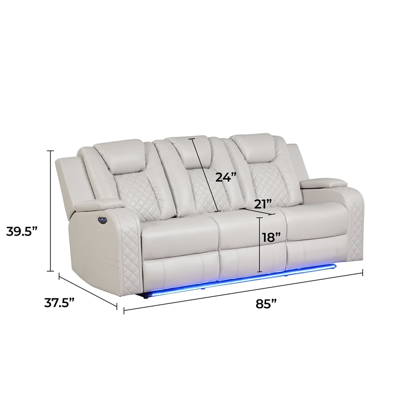 Benz LED & Power Reclining 2 Pc Set Made With Faux Leather in Ice/ White