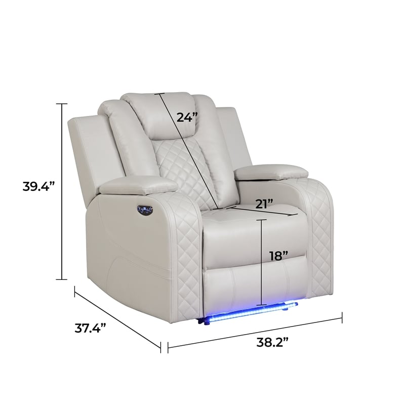 Benz LED & Power Recliner Chair Made With Faux Leather in Ice/ White