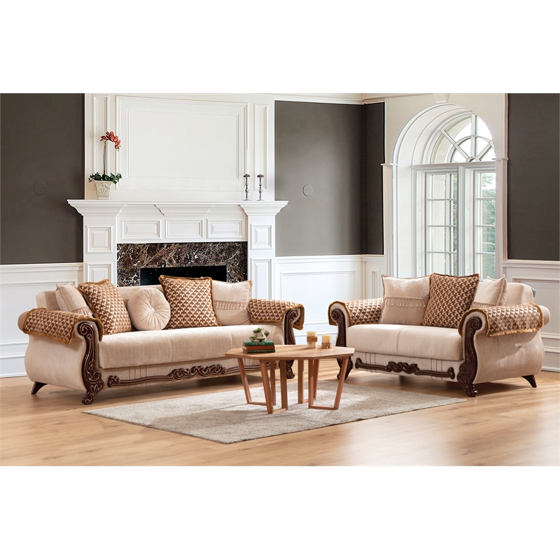 Carmen Sofa Finished With Chenille Upholstery in Beige Color