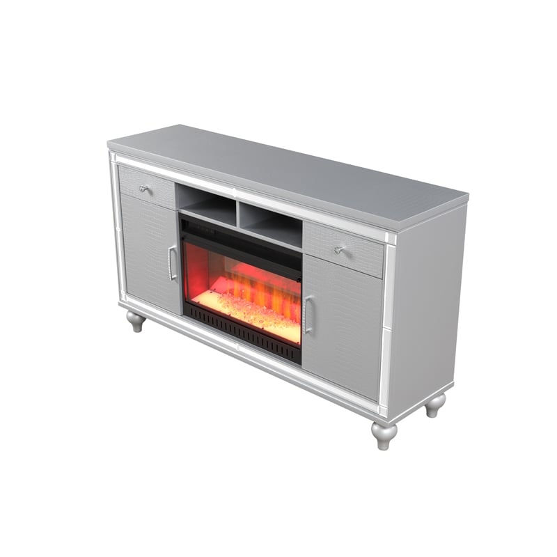 Sterling Solid Wood TV Stand With Electric Fireplace in Silver