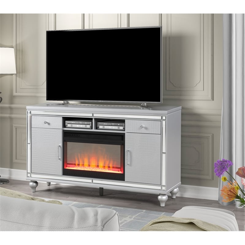 Sterling Solid Wood TV Stand With Electric Fireplace in Silver