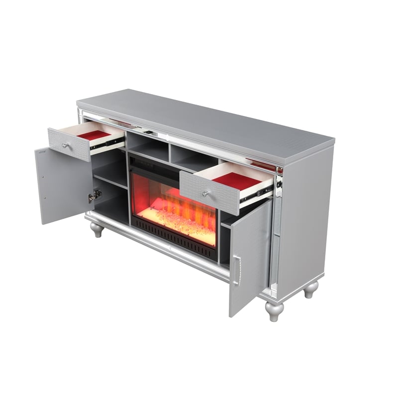 Sterling Solid Wood TV Stand With Electric Fireplace in Silver